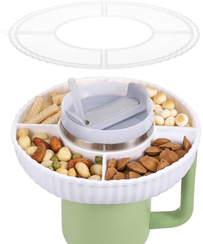Kssvzz Snack Tray Compatible with Stanley Cup 40oz, Silicone Snack Bowl with Lid, Reusable Stanley Cup Accessories with 4 Compartments for Candy, Popcorn, Fits Car, Movie Theater (White)