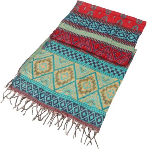 GURU SHOP Weicher Pashmina Schal/Stola, Schultertuch, Plaid - Inka Muster Türkis/rot, Herren/Damen, Synthetisch