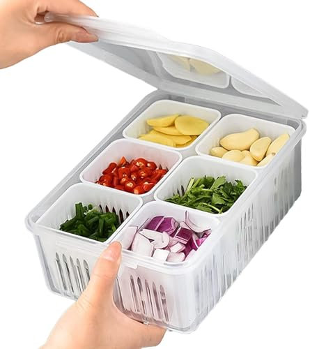 Fridge Vegetable Storage Box with 6 Detachable Drain Basket, Fridge Food Storage Containers with Lids Airtight, Reusable Refrigerator Fresh-Keeping Box for Chopped Scallion Ginger Garlic Onion
