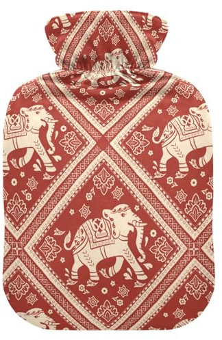 Hot Water Bottle with Cover, Indian Elephant 2L Leakproof Hot Water Bag for Hand Feet Warmer, Neck, Shoulder, Back, Muscle Pain Relief, Cold Compress
