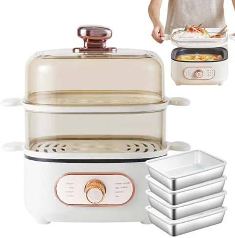 forplubossmmp Vaporera Eléctrica De 1200 W para Guisos Y Ollas Calientes, Olla A Vapor Antiadherente, 2 Bandejas para Cocinar Al Vapor, Ollas Arroceras Desmontables En 2 Niveles, con 4 Cajas