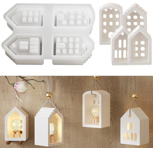 Voyyphixa 4 Pièces 3D Moules en Silicone pour Maison Moule pour Maison de Noël House Silicone Molds Moules en résine époxy pour DIY Bougies Savons Ornements