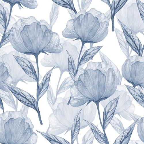 SOEWIOU Blue Floral Wallpaper, 44.5x300cm, Peel & Stick, Waterproof, Self-Adhesive Vinyl