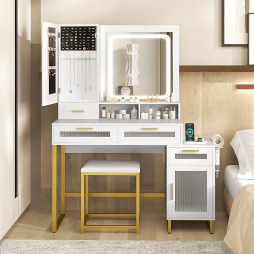 COSTWAY Schminktisch mit LED-Beleuchtung, Frisiertisch mit Ladestation, Schmuckschrank, Hocker, Spiegel, Schubladen, Schrank, offenen Fächern & Haartrocknerhalterung, Kosmetiktisch, weiß