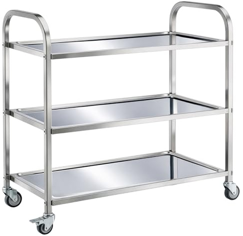 CROWNSHOP 3 Tier Stainless Steel Kitchen Utility Cart 62.5 x 31.5 x 80cm | Large Rolling Catering Storage Cart Trolley Storage Cart with Wheels for Home Kitchen or Dining Room