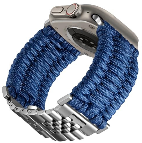 BINLUN Compatibile con Apple Watch Cinturino 46mm 45mm 44mm 42mm Cinturini Sportivo Intrecciato 550 Paracord Acciaio Compatibile con iWatch Serie 10/9/8/7/SE2/SE/6/5/4/3/2/1(Blu Scuro Argento)