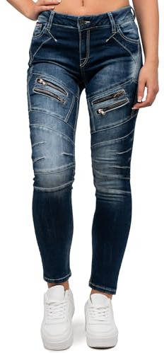Cipo & Baxx Damen Jeans Slim & Regular Fit Stretch Used Look | Stylische Hosen mit Ziernähten, Zippern, bequemer Passform, modischem Design für Alltag und besondere Anlässe