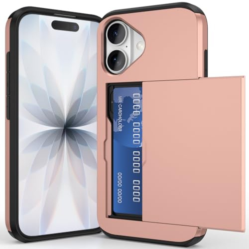 ACOCOBUY for iPhone 17 Case with Card Holder Sliding Cover 6.3 Rose Gold | Hidden Pocket IDs Credit Cards Slot Heavy Duty Shockproof Protective Dual Layer Wallet Phone Cover Back Shell for Men Women