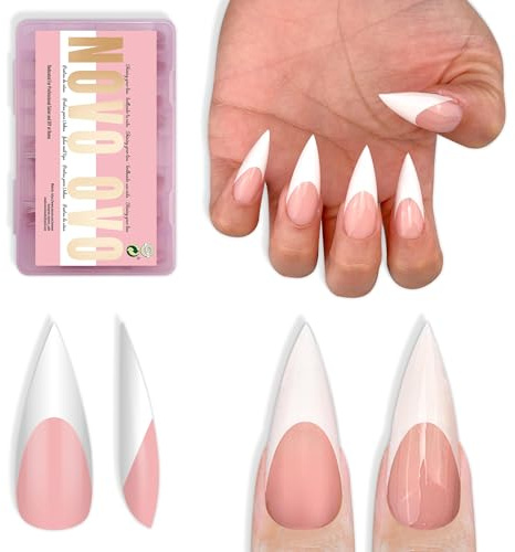 NOVO OVO Lot de 160 faux ongles blancs, pointus, pointus, moyens, longs, à presser, en gel acrylique, extra épais, doux, couverture complète, pour salon de beauté, 16 tailles