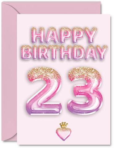 23rd Birthday Cards for Women and Men, Pink & Purple Glitter Balloons | Happy Birthday Card for 23 Year Old Man Woman Auntie Brother Friend Sister, A5 Bday Greeting Cards