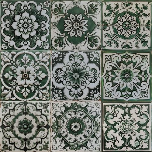 Hode Tile Stickers Stick on Tiles Peel and Stick Self Adhesive Wall Tiles | Green Moroccan Victorian Kitchen Bathroom Tile Stickers Sticky Back Plastic Waterproof Vinyl 15x15cm 24pcs
