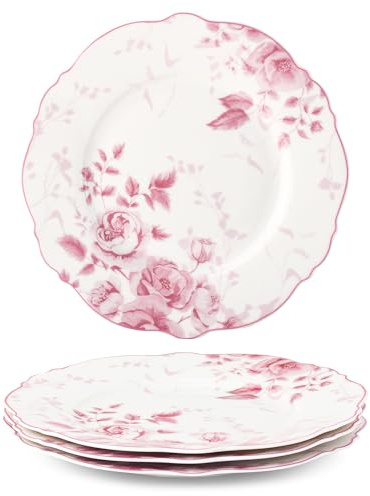 fanquare Juegos de 4 Platos de Postre Florales Rosas de 21,6 cm, Porcelana Elegante Británica para Aperitivos y Cenas, Aptos para Microondas y Lavavajillas
