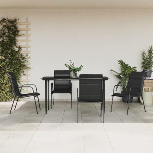 JHQHSM Ensemble de jardin 5 pièces noir en acier et textilène avec plateau en verre trempé, ensemble de table à manger d'extérieur pour terrasse, meubles de jardin stables avec rembourrage,