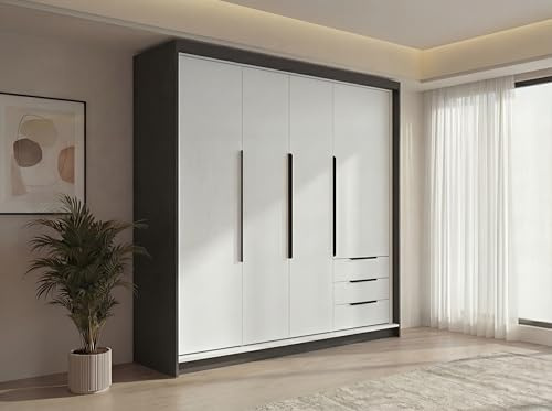 A&J MöbelLand KLARI Kleiderschrank 4-türig mit 3 Schubladen – 200 x 215 cm – Drehtürenschrank mit Kleiderstange und Einlegeböden