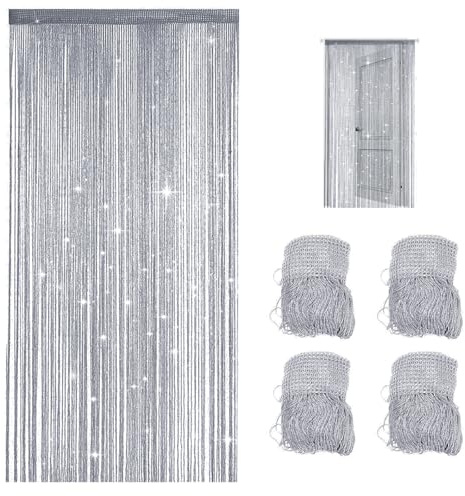 4 Stück Fadenvorhang Türvorhang, 100x200cm Fadengardine Glitzer, Raumteiler, Fadenvorhang Insektenschutz, Zimmer Fransenvorhang Geeignet für Hochzeiten, Cafés, Restaurants, Türen, Silbergrau