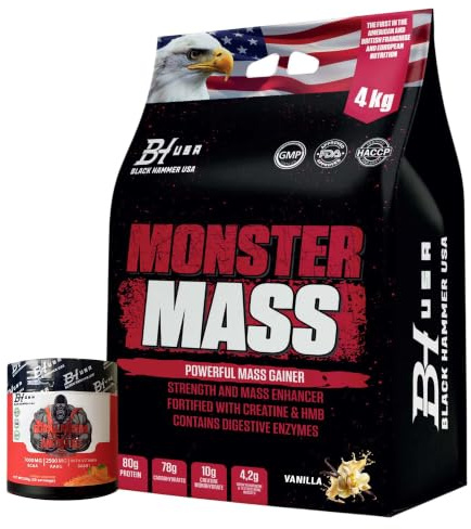 MONSTER Mass Gainer 4KG / 8KG – High Calorie Weight Gainer Protein Powder for Muscle & Mass Gain – Protein Carb Shake – Bulking Muscle Builder – FREE BCAA – Black Hammer USA (4000g, Vanille)