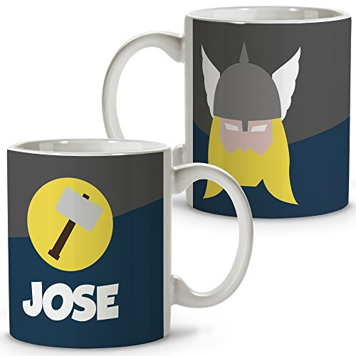 LolaPix Taza Superhéroes Personalizada con Nombre. Regalo Friki. Varios Diseños y Colores Interior. Thor. Taza cerámica 330ml