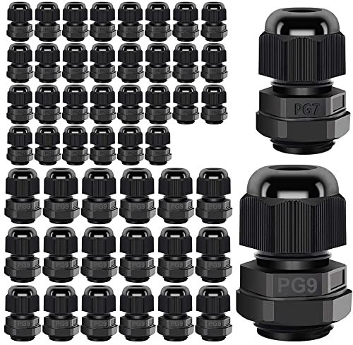 Gebildet Cable Gland, 30pcs PG7 + 20pcs PG9 Plastic Waterproof Adjustable 3-8mm Cable Gland Joint with Gaskets, M12 M16 Wire Connector, Wire Protector (Black)