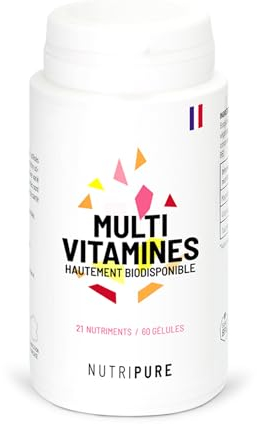 Nutripure | Multivitamines et Minéraux 21 Nutriments | Complément Alimentaire | Magnesium, Vitamine B12, Vitamine D, Zinc | Antioxydant, Cognitif, Vision | 60 gélules | 1 mois | Fabriqué en France