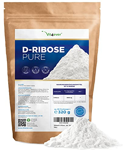 D-Ribosa en polvo - 320 g - 80 raciones diarias con 4 g (suministro para 2,6 meses) - Naturalmente de fermentación - Puro y sin aditivos - Altamente dosificado - Natural - Vegano