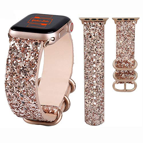 Yidai-Silu Compatible avec Bracelet Apple Watch 42mm 44mm Bande 【Paillettes 3D, Cuir Véritable】 Bracelet en Cuir Bande de Remplacement pour iWatch Se Séries 6 5 4 3 2 1 42mm 44mm - Or