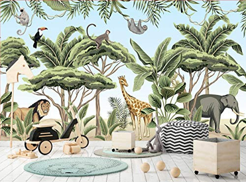 Safari Animals, Tropical Trees Photo Wallpaper Wall Mural Wall Decor W 366 cm x H 254 cm Wallpaper Murals Picture Giant Paper Poster Free Paste for Kids Children's Bedroom Nursery