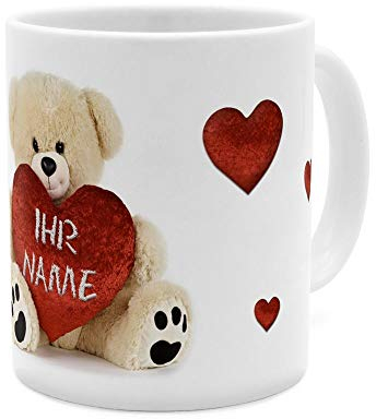 printplanet® Tasse mit Namen personalisiert - Motiv: Teddy mit Herz - individuell gestalten - Farbvariante Weiß