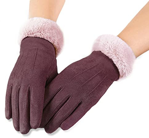 AXELENS Guanti Donna Ragazza Touchscreen Scamosciati Invernali Felpati Pile Eleganti con Polsino in Pelliccia Super Morbidi e Caldi per Smartphone, Cellulari S/M VIOLA SCURO