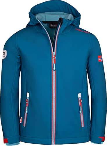 Trollkids Kinder Softshell Jacke Trollfjord, Petrolblau/Rot, Größe 98
