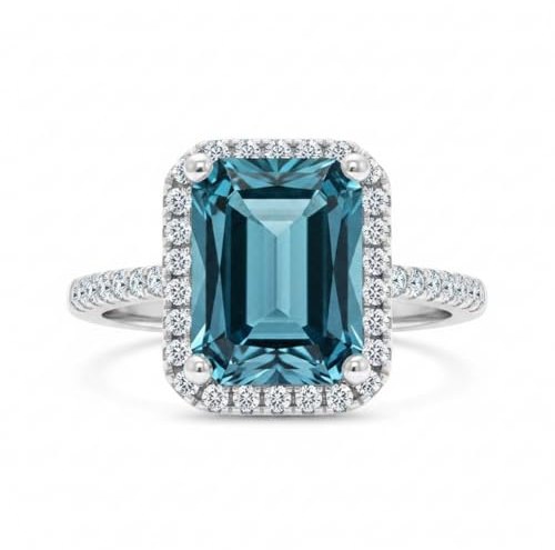 Gemsonclick Wählen Sie Ihre Farbe Edelstein Smaragdschliff Verlobungsring 925 Sterling Silber Halo Vorschlag Ring Chakra Heilung Geburtsstein Schmuck