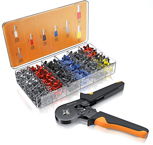 Brandson - Crimpzange inkl. 1200 Aderendhülsen- Set – Profi Isolierhülsen Sortiment – Aderendhülsenzange – 0,25 mm2–10mm2 – selbsteinstellend - Anpressdruck verstellbar – Zwangssperre – schwarz-orange