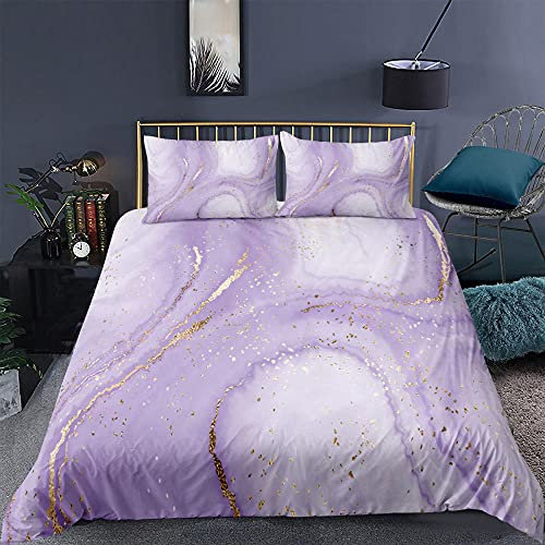 Double Duvet Set Lilac Golden Marble Bedding Microfiber Duvet Cover Sets Dust Mite Resistant Duvet Set Washable Bedding Set,1 Duvet Cover with Zipper Closure and pillow cases 2 pack 50x75cm
