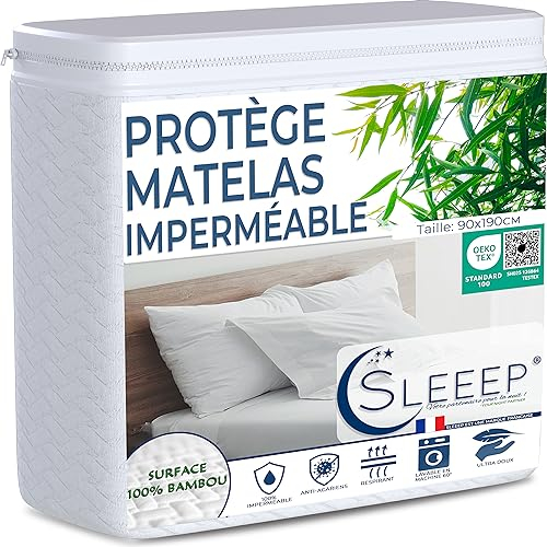 SLEEEP Protege Matelas 90x190 Fibre de Bambou Oeko-Tex, Alese 100% Imperméable, Protection Matelas Drap House Bonnet 30cm Ultra Douce Couvre Matelas Anti Acarien Punaise de lit -Qualité Hôtellerie-