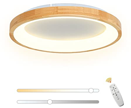 VOMI Moderne LED Dimmbar Deckenleuchte Holz 50CM Deckenlampe mit Fernbedienung 36W Wohnzimmerlampe Runde Holzlampe Schlafzimmer Lampe Decke Deckenbeleuchtung Kinderzimmer Wohnzimmer