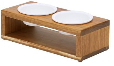 Teamson Pets Billie Heavy Elevated Acacia Wood Pet Food and Water Feeder Stand with Two Place Holders and Two White Ceramic Bowls for Dogs and Cats, Brown/White