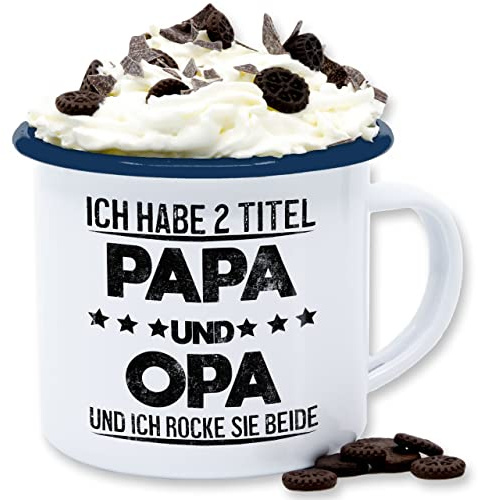 Emaille Tasse Blechtasse - Geschenk zum Vatertag - Ich habe 2 Titel - Opa Papa - 300 ml - Weiß Blau - und vatertagsgeschenk zwei kaffeetasse männertag tassen daddy vateetagsgeschenk