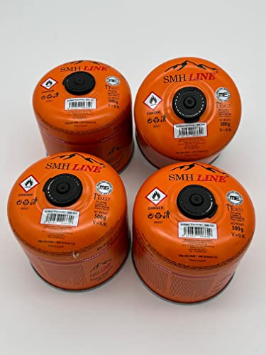 SMH LINE® 4x 500g Butan Schraubkartusche Universalgewinde 7/16 Gaskartuschen Ventilkartusche EN 417 Gewinde Ventil Bunsenbrenner Propan Mix Campingkocher Gaskocher Gasheizung Lötbrenner Orange