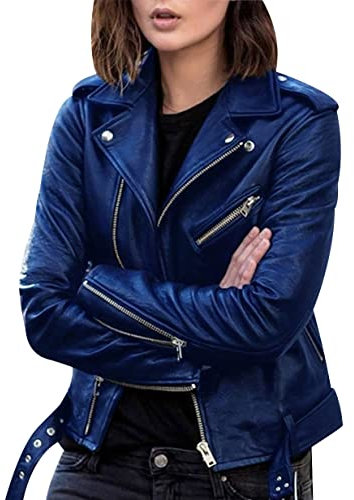 Faux Leather Jacket Femme Courte Blouson Simili Cuir Veste Biker Motard Cintrée Imitation Cuir Oversize Col Montant PU Grande Taille Bleu L