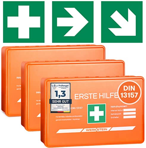 3x Erste Hilfe Kasten DIN 13157:2021 Small - Inkl. praktischer Wandhalterung, 5x Aufkleber, Gesichtsmasken & Feuchttücher - Verbandskasten DIN 13157 für Betriebe, Einrichtungen & Zuhause