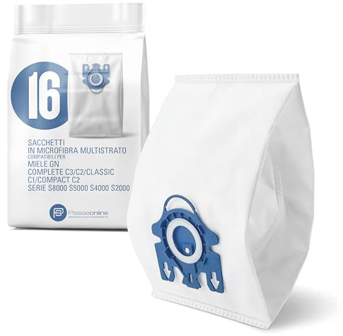 16 Sacchetti Aspirapolvere Miele Tipo GN - Compatibili + 8 Filtri (4 Motore + 4 Scarico) per Complete C3 C2 Classic C1 Compact C2 Serie S8000 S5000 S4000 S2000 | Tessuto Multistrato Anti Allergeni