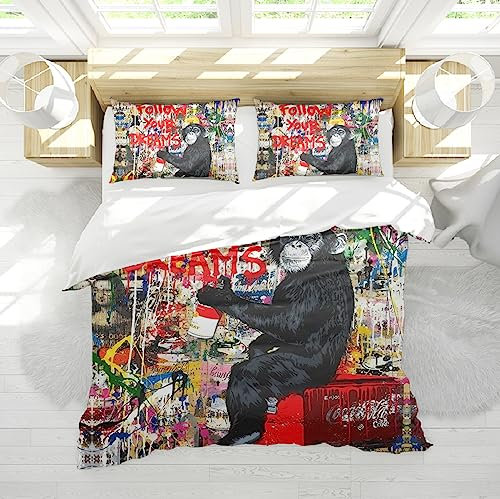 Banksy Graffiti Bettbezug Set Street Art 3-teiliges lustiges Tier Luxus Chic Weiche Bettwäsche Set mit verstecktem Reißverschluss für Schlafzimmerdekor 135x200cm