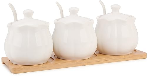 Chase Chic Barattolo per condimenti, Set di barattoli per condimenti in ceramica con coperchio, cucchiai e vassoio in legno, contenitore in ceramica per spezie da 260 ml, ideale per la cucina di casa