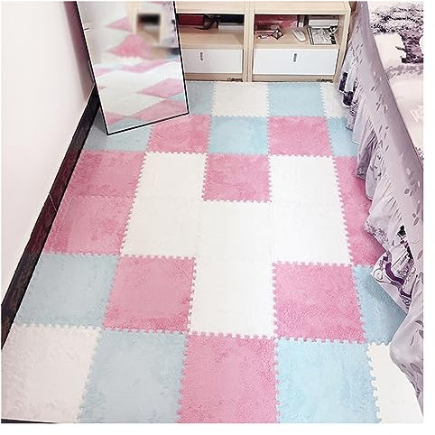 12 Stück – Plüsch-Puzzle-Schaum-Bodenmatte – Ineinandergreifende Teppichfliesen – Flauschige Puzzle-Matten, Quadratische Teppiche, 30 X 30 cm Große Schaumstoff-Bodenfliesen(Color:Weiß+Rosa+Blau)