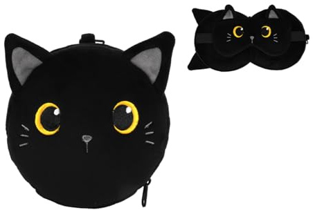 I-TOTAL ® - Kissen mit Schlafmaske, verschließbares Kissen mit Haken für Reise (BLACK CAT)