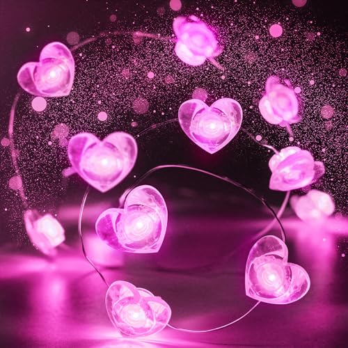 10FT Pink Heart Fairy Lights Battery Operated with Timer for Mothers Day Decoration, LED String Light Indoor Outdoor Waterproof Twinkle Light for Christmas Proposal Anniversary Valentines Party Decor