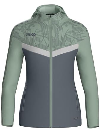 JAKO ICONIC Kapuzenjacke Gr. 42 Anthra Light/Mintgrün/Soft Grey - Zipper Hoodie Damen, Bequeme Sweatjacke mit Keep Dry Funktion aus 100% recyceltem Polyester