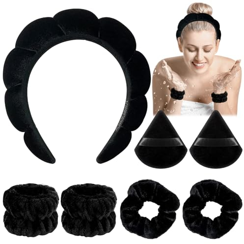 Miioto Haarband Kosmetik, 7 Piezas Make up Haarband, Diadema y Muñequeras Skincare, Anillo de Pelo Y Borla Para Empolvarse para Ducharse, Spa, Lavarse, Desmaquillarse (Negro)