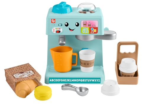 Fisher-Price Ríe y aprende Máquina de café con accesorios de cafetería, juguete educativo con sonidos, para bebés +1 año, versión español + portugués + italiano + inglés (HYT02)