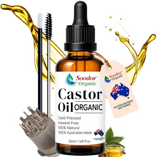 Soodox Organic Castor Oil 50ml with Scalp Applicator – Cold Pressed Hexane Free Castor Oil for Hair Growth, Eyelashes, Brows & Beard, Skin & Nails, Glass Bottle Dropper, Australian Made