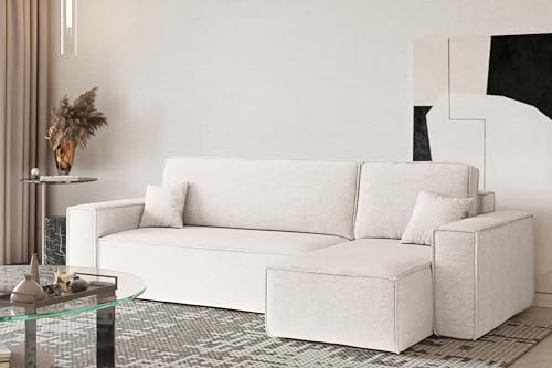 Kaiser Möbel, Ecksofa mit schlaffunktion, mit Bettkasten, Schlafsofa Best, Designer L-Form Sofa, Modern Design Couch, Polsterecke, Freistehend, Stoff Neve Ecru Rechts